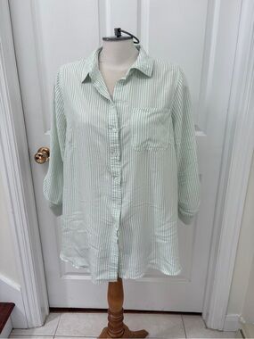 Velvet Heart Mint Green and White Striped Button-Down Shirt plus size